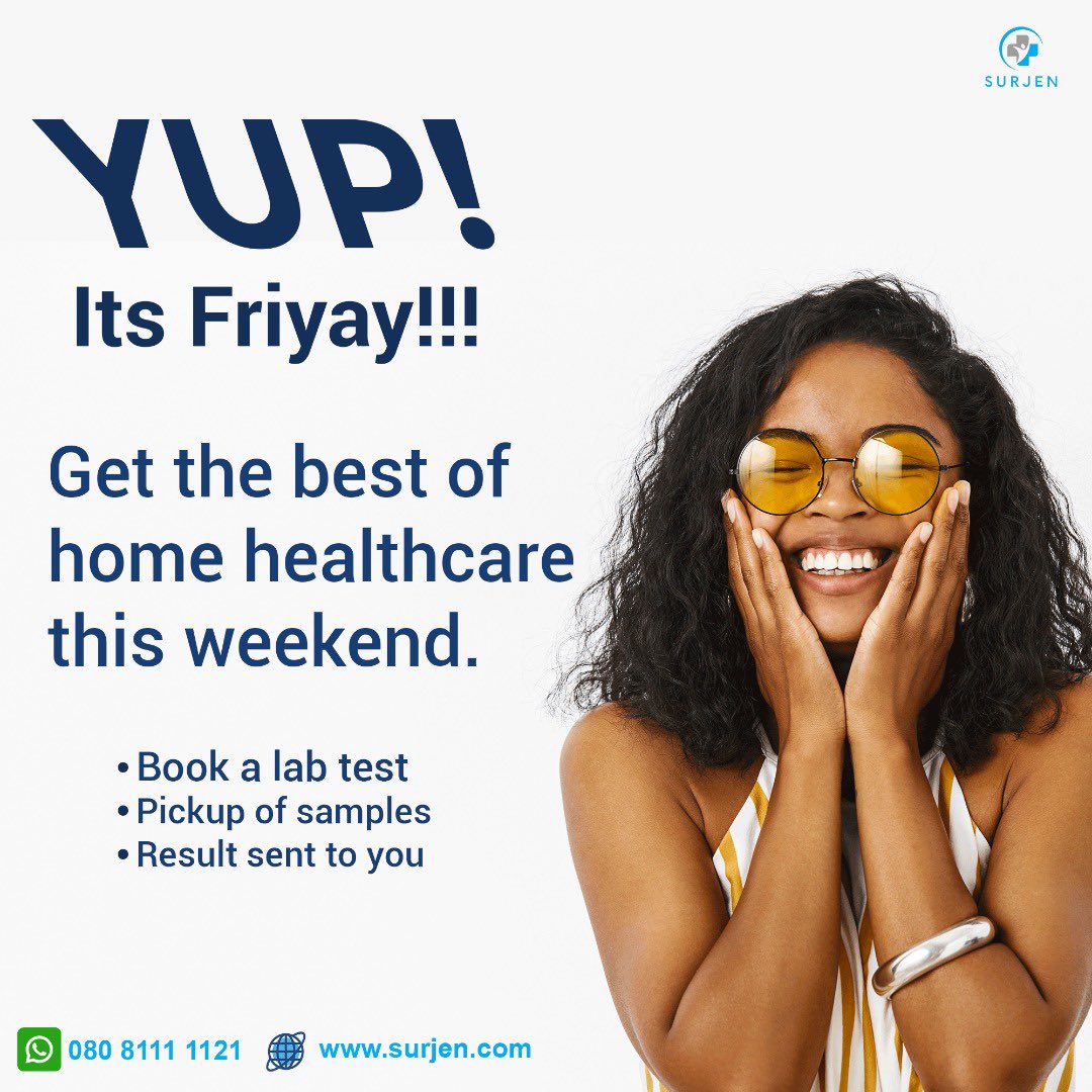 SurjenHealth's tweet photo. Weekends, weekdays, day, night, sunny, rainy, stormy, in the office, at home,... Whatever the situation and location, our services are there for you.
#tgifriday #labtestathome #abujavendor #lagosbusiness https://t.co/gg6oH1sTxC