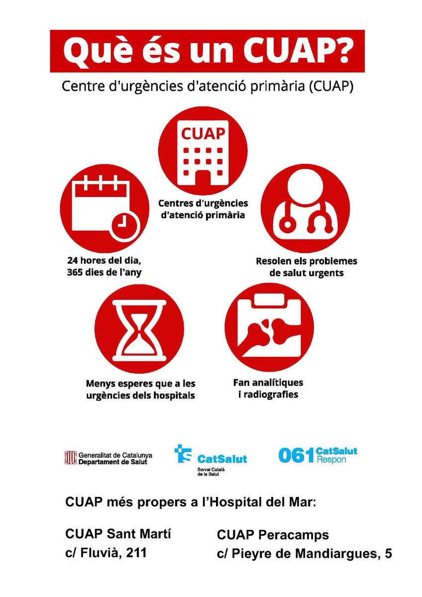 Hospital del Mar (@hospitaldelmar) on Twitter photo Coneixeu els Centres d'#Urgències d'Atenció Primària? 
☑️ Els #CUAP poden fer analítiques i radiografies
☑️ Resolen els problemes de #salut urgents
☑️ Us poden atendre 24 hores al dia ⏰ els 365 dies de l'any 📅
  
 @apicsbcn <a href="/salutcat/">Salut</a> Coneixeu els Centres d'#Urgències d'Atenció Primària? 
☑️ Els #CUAP poden fer analítiques i radiografies
☑️ Resolen els problemes de #salut urgents
☑️ Us poden atendre 24 hores al dia ⏰ els 365 dies de l'any 📅
  
 @apicsbcn <a href="/salutcat/">Salut</a>