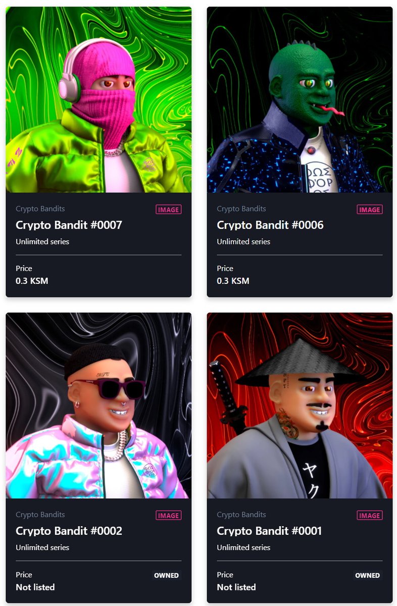 I`ve just grabbed up two Crypto Bandits😎

Check out this cool collection on Singular RMRK before they are gone and/or the price will rise up!

👇👇👇👇👇👇

singular.rmrk.app/collections/b4…

#RMRK #NFT #DOT #KSM #KUSAMA #NFTartists <a href="/Polkadot/">Polkadot</a> <a href="/ApesAndArt/">Apes 'n' Art</a> <a href="/DonnieBigBags/">Donnie</a> @RMRKapp