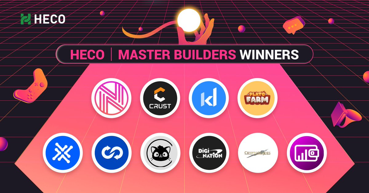 HECO Chain (@heco_chain) on Twitter photo 🔥HECO Master Builders Winners 🥰Congrats
10 projects selected by HECO Dao and HECO Fund
<a href="/NEXTYPE1/">NEXTYPE</a> <a href="/CrustNetwork/">Crust Network</a> <a href="/KingData_com/">KingData</a> <a href="/Plato_Farm/">Plato Farm</a> <a href="/xdaoapp/">XDAO</a> <a href="/TrustSwap/">TrustSwap</a> <a href="/BlockchainCutie/">Blockchain Cuties Universe #PlayToEarn #NFT Game</a> @Digi_metaverse <a href="/BladesCrypto/">Crypto Blades</a> <a href="/WalletNow/">WalletNow.net</a>
📢Stay tuned for the final results next week---6 out of 10 🔥HECO Master Builders Winners 🥰Congrats
10 projects selected by HECO Dao and HECO Fund
<a href="/NEXTYPE1/">NEXTYPE</a> <a href="/CrustNetwork/">Crust Network</a> <a href="/KingData_com/">KingData</a> <a href="/Plato_Farm/">Plato Farm</a> <a href="/xdaoapp/">XDAO</a> <a href="/TrustSwap/">TrustSwap</a> <a href="/BlockchainCutie/">Blockchain Cuties Universe #PlayToEarn #NFT Game</a> @Digi_metaverse <a href="/BladesCrypto/">Crypto Blades</a> <a href="/WalletNow/">WalletNow.net</a>
📢Stay tuned for the final results next week---6 out of 10