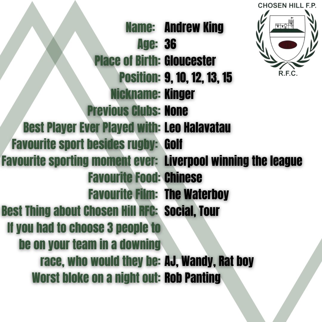 CHFPRFC's tweet photo. 🟢⚪️ PLAYER PROFILE 🟢⚪️ 

🟢⚪️As we go into local derby weekend, we caught up with stalwart and self proclaimed utility back Kinger who is currently in his 753rd season at the club. 🟢⚪️

🍻 Get to know @andyking8585🍻 

⏩ Swipe for Kinger’s Q&amp;A ⏩

#WeareChosen https://t.co/tKD1T00ILa