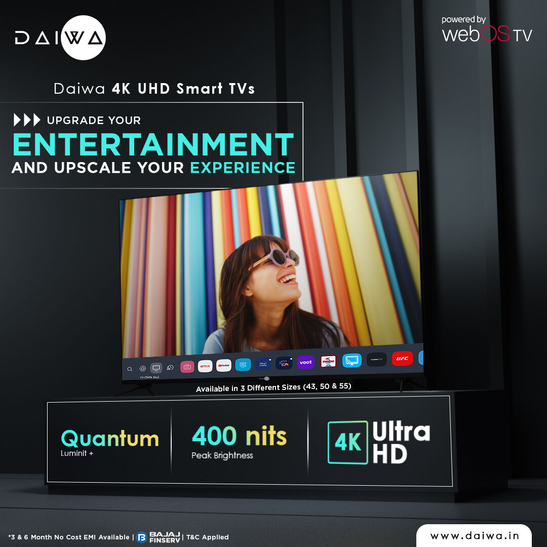 DaiwaIndia's tweet photo. Upscale your Entertainment with Daiwa's range of 4K UHD Smart TVs powered by webOS TV to enter the World of exclusive content experience.
Click the link https://t.co/RGwH2awU8F to check our complete range.
#Daiwa #DaiwaIndia #webOS #ThinQ #ThinQAI #DaiwaSmartTV https://t.co/IWWAgYn8es