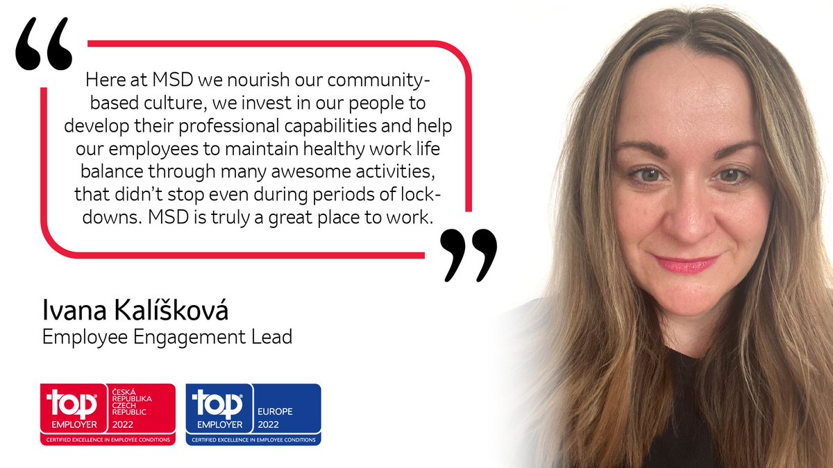 Our Employee Engagement team Lead, Ivana Kaliskova, is very proud that MSD Czech Republic has been recognized as one of Europe’s Top Employers for 2022. #TopEmployer