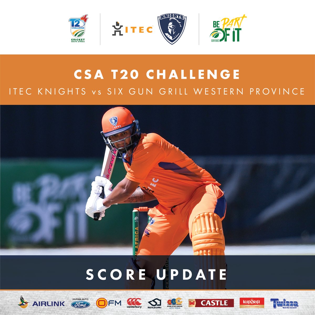 KnightsCricket's tweet photo. ๐๐ฆ๐ ๐ง๐ฎ๐ฌ ๐๐๐๐๐๐๐ก๐๐
SCORE UPDATE - INNINGS BREAK
vs @WP_Blitz
ITEC Knights | 126/8 - 20 overs
van Biljon - 40 (35b, 3x4, 1x6)
Kruger - 34 (21b, 2x4, 2x6)
#BePartOfIt
#BackInOrange https://t.co/2JaDst2C5v