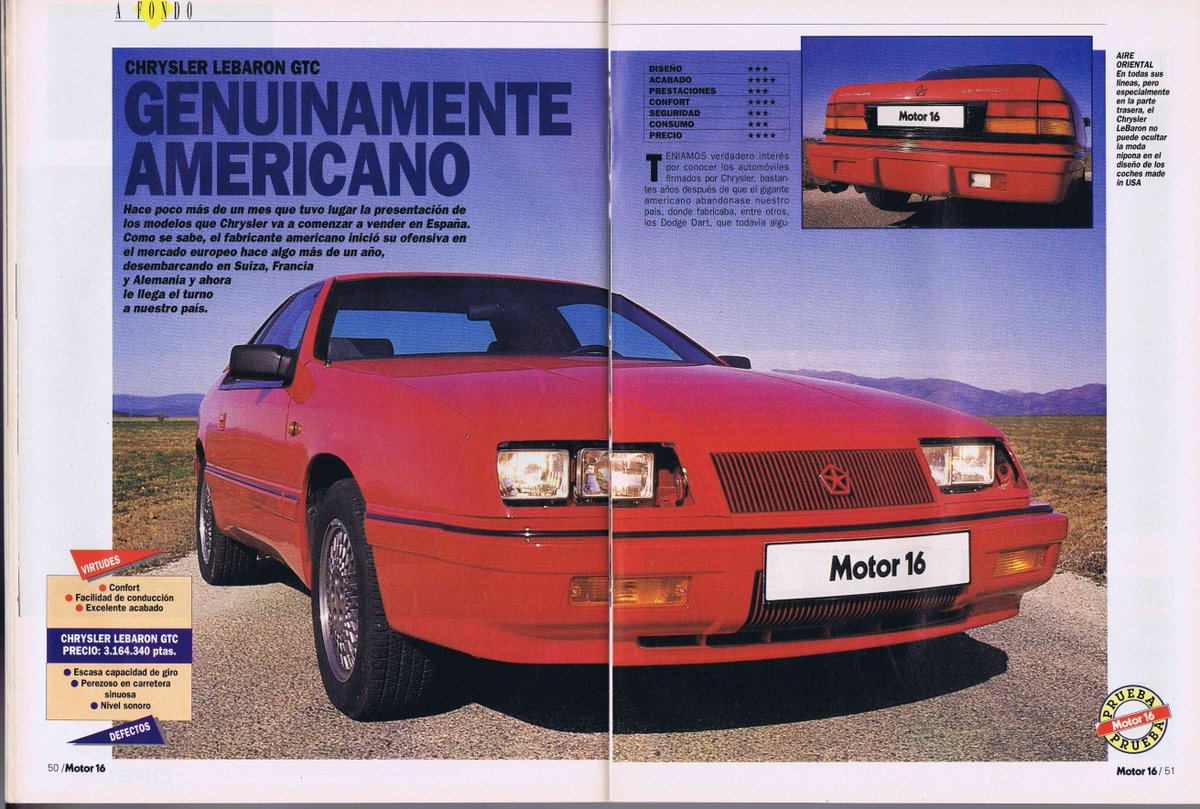 AyerCars's tweet photo. #Hace30años en Motor16 del 18/2/1992: prueba del Chrysler LeBaron GTC ("Genuinamente americano") https://t.co/1mtRHuI25l
