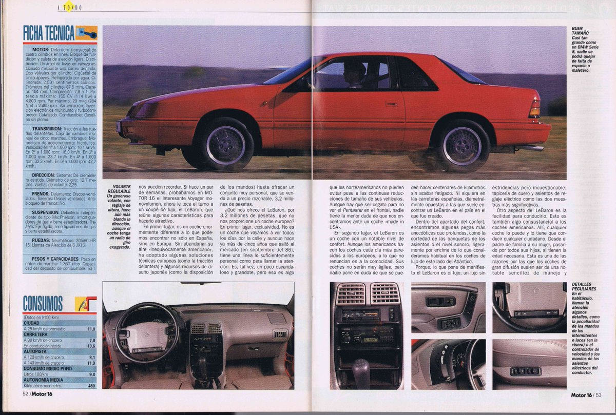 AyerCars's tweet photo. #Hace30años en Motor16 del 18/2/1992: prueba del Chrysler LeBaron GTC ("Genuinamente americano") https://t.co/1mtRHuI25l
