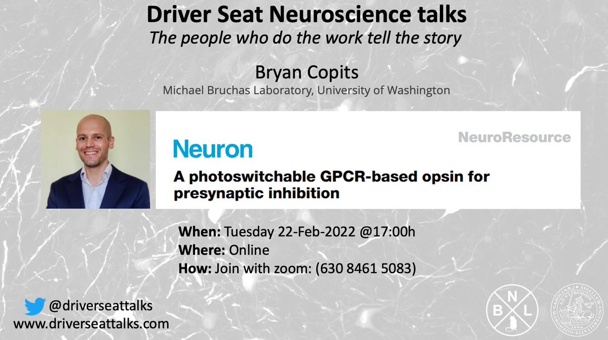 driverseattalks's tweet image. Next up, we have Bryan Copits presenting his @NeuroCellPress paper on inhibition of neuronal projections through GPCR-based opsins. 

Join us on Tuesday 22-Feb-2022 at 17:00, CET! 

Zoom info in the picture below. 
#OpenScience #neuroscience #ScienceTwitter