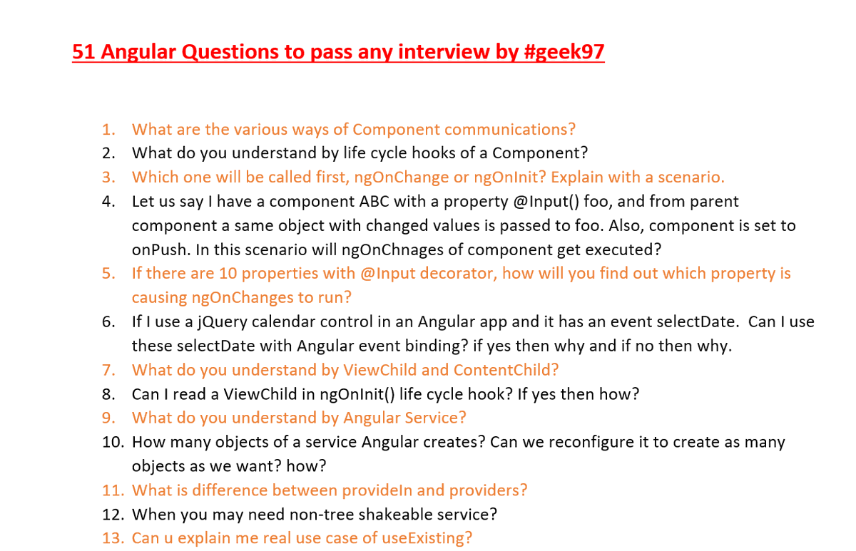 debug_mode's tweet image. For clients in 6 months, I have interviewed around 100 candidates on #Angular

Only 6 got offers and most were not able to answer basic questions.

There is a huge demand for #Angular developers in India and not enough talent.

Here are some sample interview questions #geek97