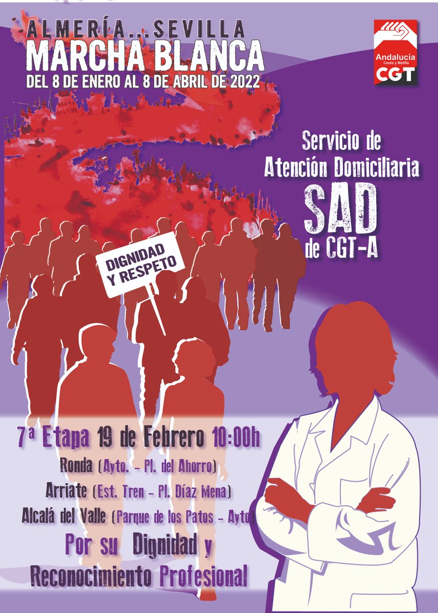 Mañana sábado 19F la #MarchaBlanca llega a Ronda, pasando por Arriate y finalizando en Alcalá del Valle. La serranía se viste de blanco para #CuidarDeQuienesCuidan Te esperamos #SadEsencial