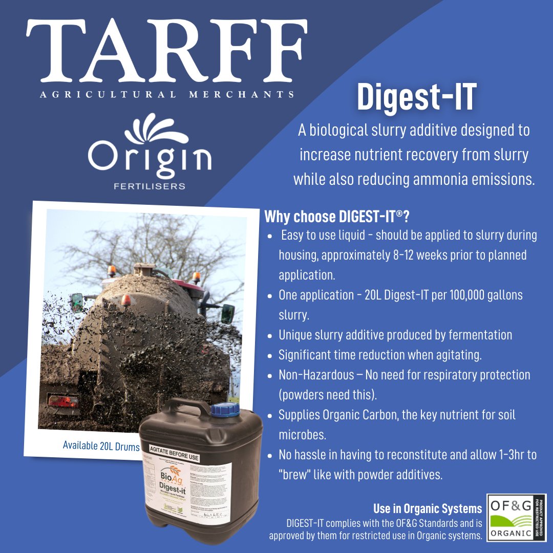 TarffValley's tweet photo. Digest-IT - a microbial inoculant added to slurry which increases nutrient recovery from slurry, reduces ammonia emissions and grows better quality crops by improving soil health.
Call your local Tarff Sales Representative for more details!
#DigestIT @OriginFert https://t.co/X2GuCP17ks