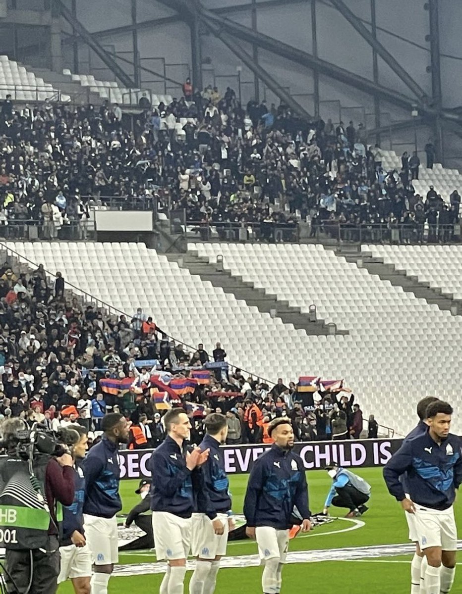 uchsich's tweet photo. Another disgusting provocation by Armenian separatists at the @orangevelodrome during the game @OM_English against @FKQarabaghEN. Hatred, discrimination and political propaganda have no room on football field. @UEFA, @EuropaLeague, @EuropaConLeague - react or it will never end! https://t.co/M9IKibVDiA