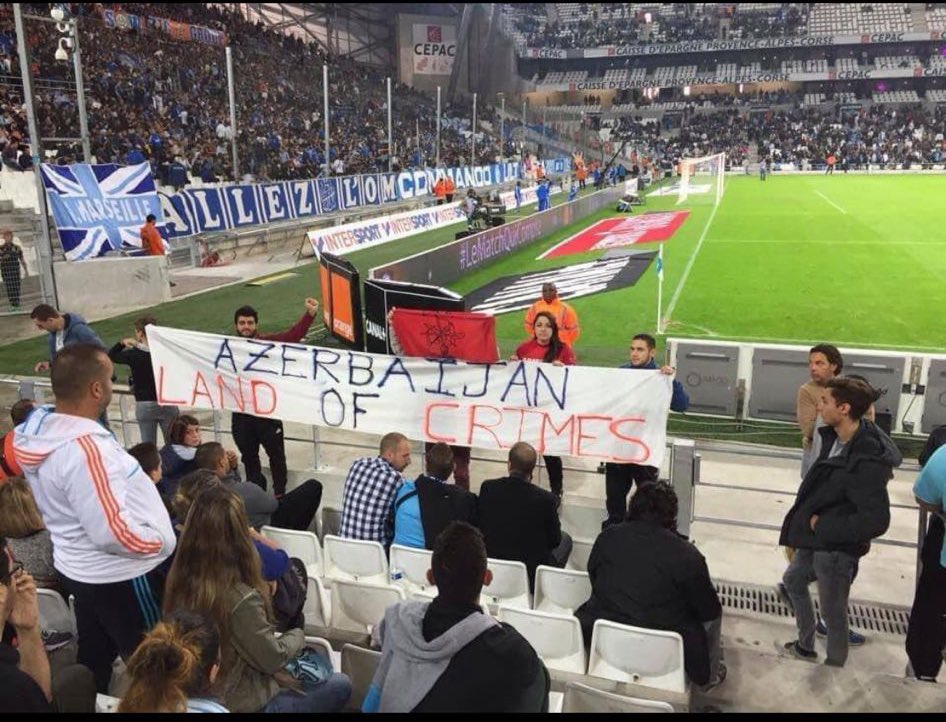 uchsich's tweet photo. Another disgusting provocation by Armenian separatists at the @orangevelodrome during the game @OM_English against @FKQarabaghEN. Hatred, discrimination and political propaganda have no room on football field. @UEFA, @EuropaLeague, @EuropaConLeague - react or it will never end! https://t.co/M9IKibVDiA