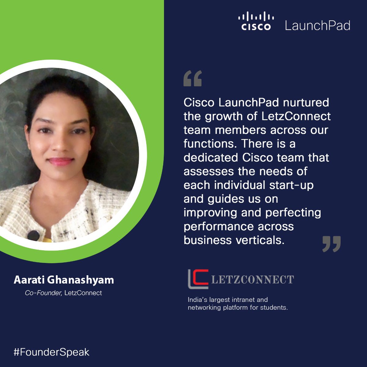 We met with #AaratiGhanashyam, cofounder of <a href="/letzconnect_LC/">LetzConnect</a>, India’s largest intranet and networking platform for students to find out about CLAP's impact on their growth. Read here!

Visit launchpad.cisco.com to know more.

#CiscoforStartups #CiscoLaunchPad #FounderSpeak