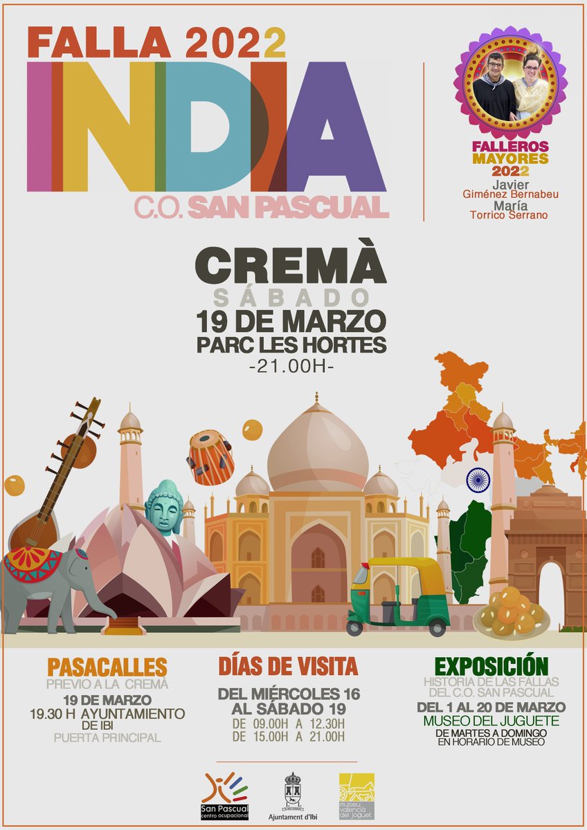 ayuntamientoibi's tweet photo. 🔥✨Cremà de la Falla del Centre Ocupacional San Pascual d'Ibi.  Aquest any, inspirada en l'Índia, els xics i xiques d'ACODIP ens tornaran a deixar amb la boca oberta. 
📅 Dissabte, 19 de març. 
🕘A les 21:00 h. Parc les Hortes.  
#falles2022 #fallacentreocupacional #Ibi #acodip https://t.co/c2vXV9nnM6