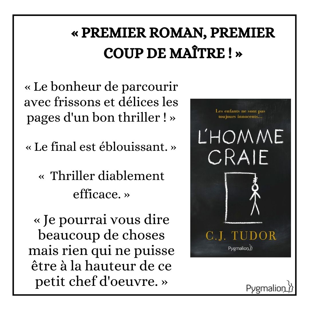ed_Pygmalion's tweet photo. Vos avis comptent !
En 2018, le premier roman de CJ Tudor, "L'Homme craie", arrivait en France. Et ce sont ses lecteurs qui en parlent le mieux 😉 Merci!!!
Source : Babelio
#cjtudor #hommecraie #chalkman #thriller #avislecture #book #livre #Lecteur #coupdecoeur https://t.co/KOdQSpCZz7