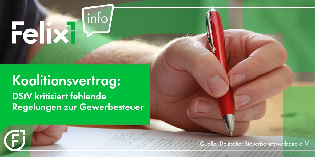 felix1_de's tweet image. Der Deutsche Steuerberaterverband äußert sich zu den steuerlichen Regelungen im Koalitionsvertrag. Er vermisst klare Regeln zur Gewerbesteuer.

👉 Zur Meldung: dstv.de/dstv-zum-koave…

#felix1 #info #news #infos #steuern #steuerberatung #steuerberater