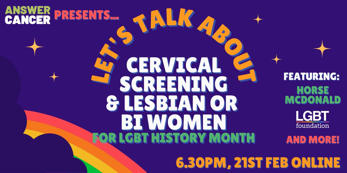 AnswerCancerGM's tweet photo. Last chance to sign up for our online event to mark #LGBTHM22!
Taking place from 6.30pm on Monday the 21st Feb, this will focus on cervical screening & lesbian or bi Women.
We'll be joined by @HorseMusic plus speakers from @LGBTfdn & @GM_HSC.
Book now: https://t.co/hRaRNg3g5T https://t.co/Lqp6xQpA9S