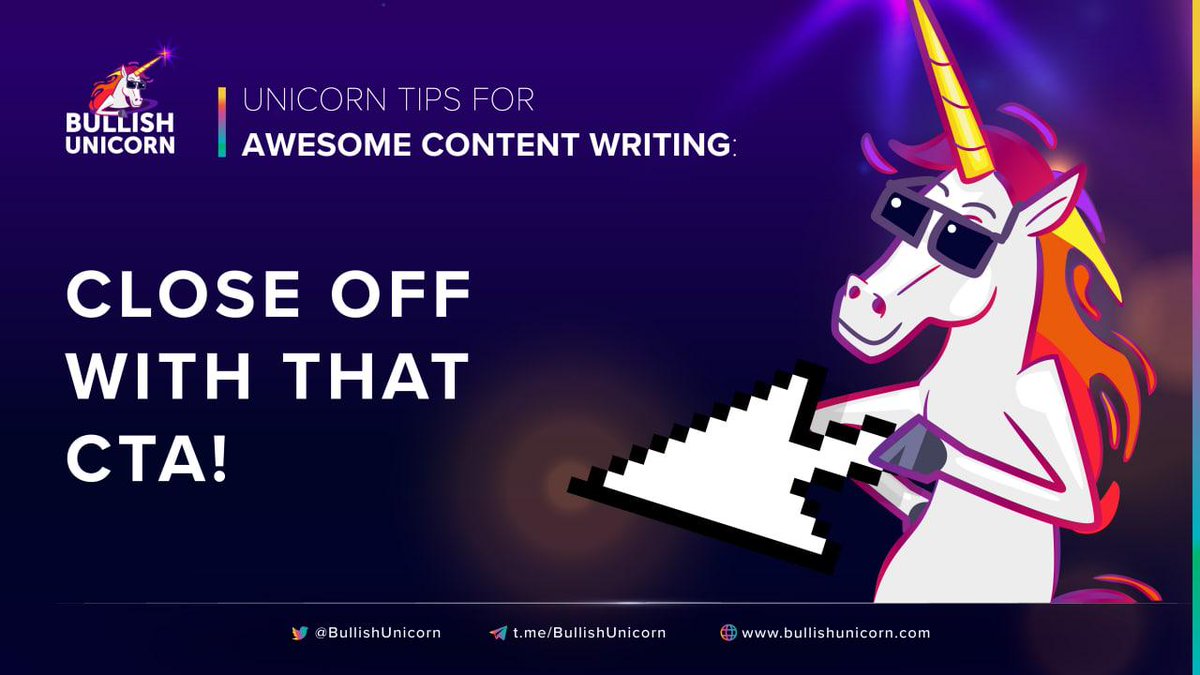 ✏️ Tip 4: 

👉 Close off with your call to action. We talked about giving the people what they want, but don’t forget what you want. What was your goal before all this started? Finish off with that! ✅

bullishunicorn.medium.com/bullish-unicor…

#Marketing #Metaverse #Game