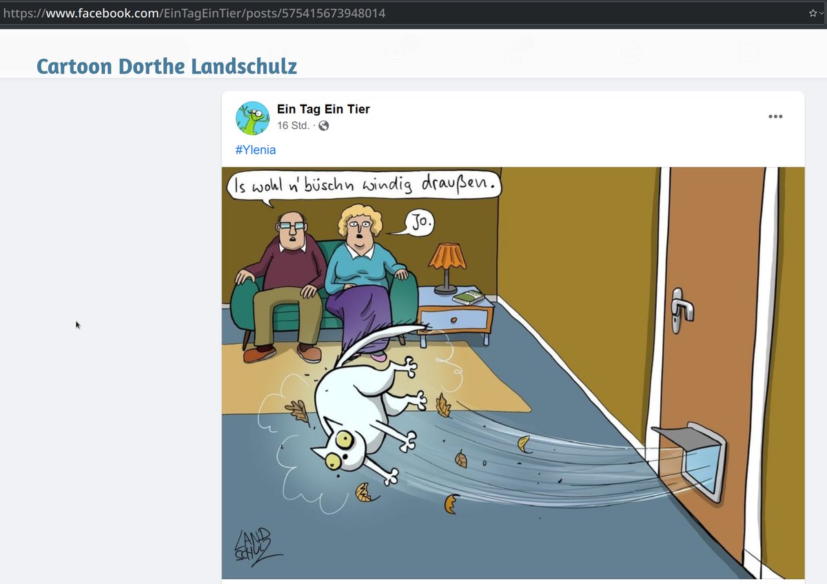 Cartoon von Dorthe Landschulz auf Facebook als Ein Tag Ein Tier,<br><br>Katze fliegt mit Blättern durch die Türklappe in den Raum, ein Paar auf dem Sofa:<br>Er: Is wohl büschn windig draußen.<br>Sie: Jo