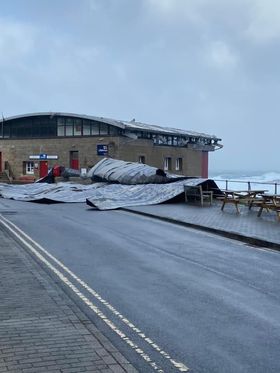 #StormEunine damage to Sennen Cove <a href="/RNLI/">RNLI</a> Lifeboat Station 

Pic: Neil Smith