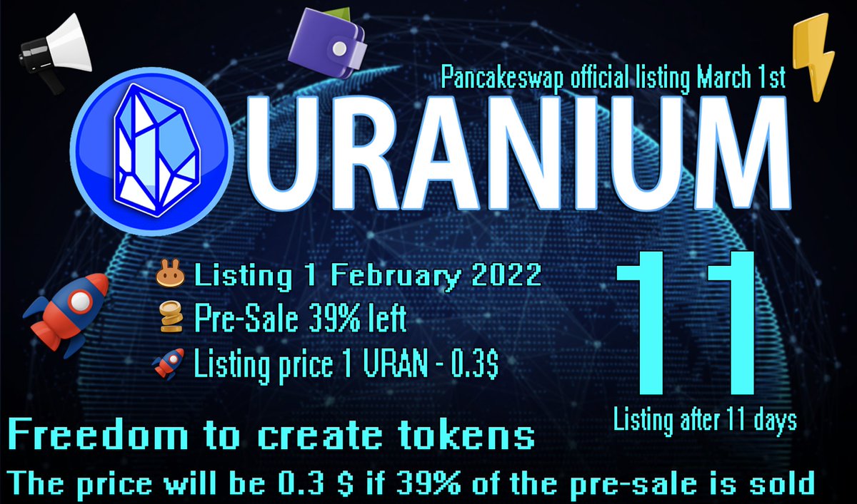 ⚡️URANIUM DIGITAL⚡️
Video instruction
youtube.com/watch?v=QnFQ6A…
Free 🎁 210 (URAN) Tokens 
Reward 🎁 for a referral 100% = URAN
⚡️Listing Pancakeswap after 11 days⚡️
✅👇 Project Link :
uranium.digital
✅👇 Airdrop Link :
uranium.digital/airdrop/
