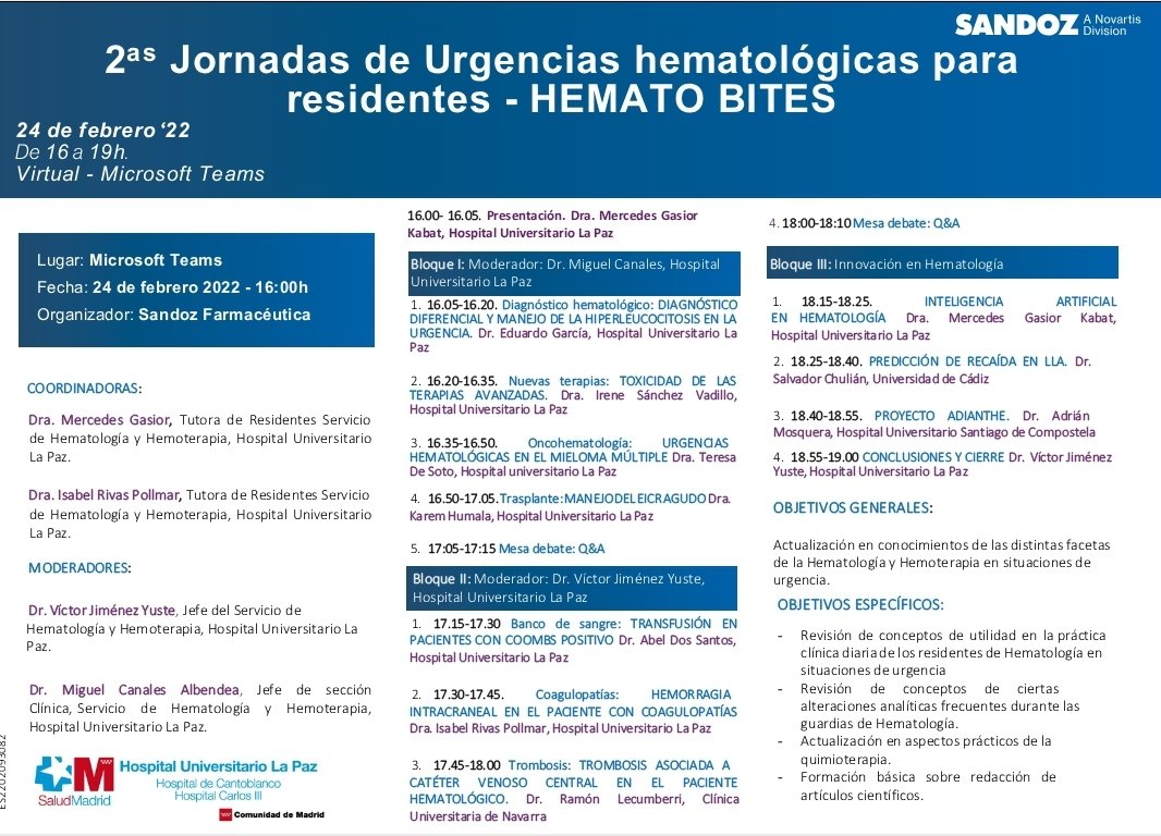 mer_501's tweet photo. 2° Edición de las Jornadas de Urgencias hematológicas para Residentes @HematoLaPaz #HematoBites
24/2 16-19 ha
Te esperamos! https://t.co/3BJP57pgAk