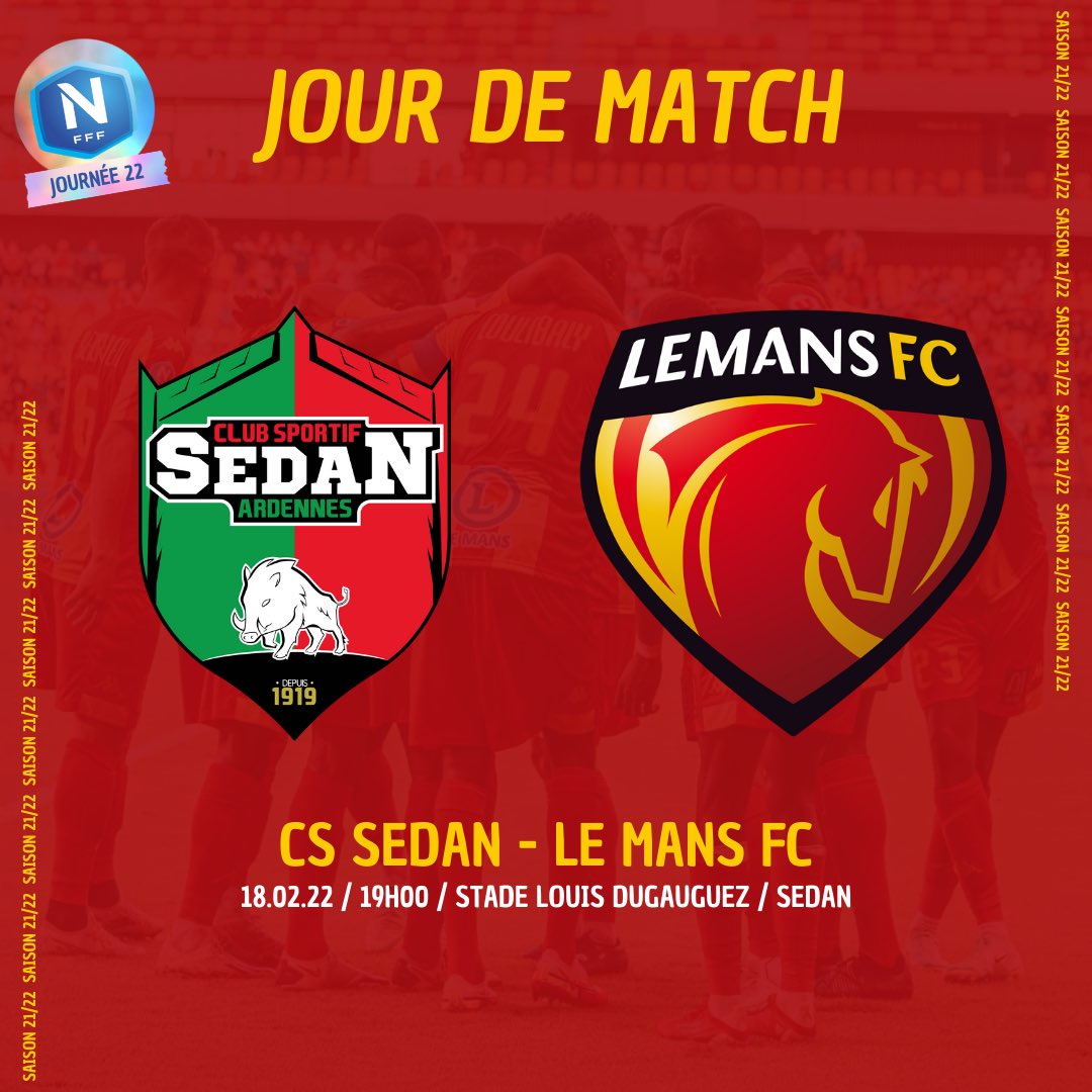 lemansfcnews's tweet image. 🔥 𝗝𝗢𝗨𝗥 𝗗𝗘 𝗠𝗔𝗧𝗖𝗛 🔥
🆚 @_CSSA 
⏰ 19h00
🏟 Stade Louis Dugauguez, Sedan 

Allez Le Mans FC 🔴🟡

#lemansfc #CSSALMFC #football