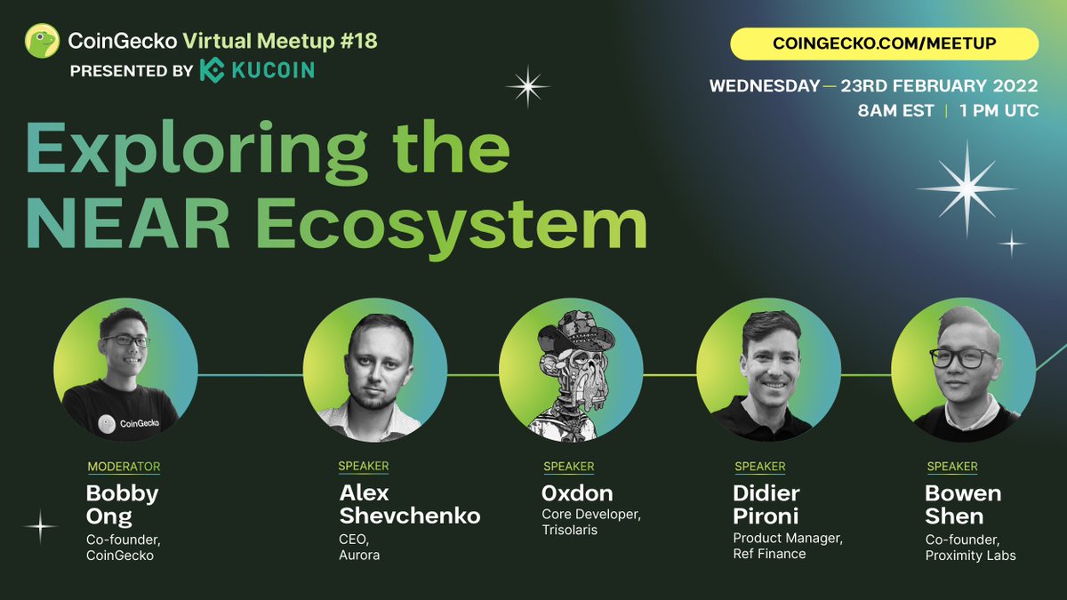 1/ 
Meetup #18's theme is about the NEAR ecosystem!🌐

Joining us for this meetup are our featured guests <a href="/AlexAuroraDev/">Alex Shevchenko 🇺🇦</a> (CEO, <a href="/auroraisnear/">Aurora</a>), 0xdon (Core developer, <a href="/trisolarislabs/">trisolaris 🅣</a>), @ve_rust (Co-founder, <a href="/proximityfi/">Proximity Labs</a>) and <a href="/pironidi/">Didier</a> (Project Manager, <a href="/finance_ref/">Renamed</a>). 🤩