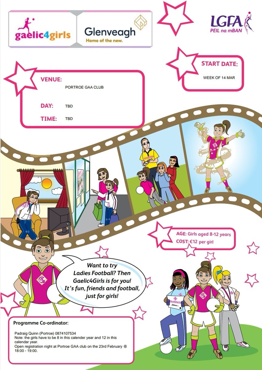 PortroeGAACamo's tweet photo. Gaelic4Girls 

Registration night Wed 23rd Feb in the club house from 6pm to 7pm. Any girls aged 8 to 12 years in this calendar year are welcome to join. 

Contact Padraig Quinn for further details.
#Gaelic4Girls #LGFA https://t.co/Zyt8nGgzyW