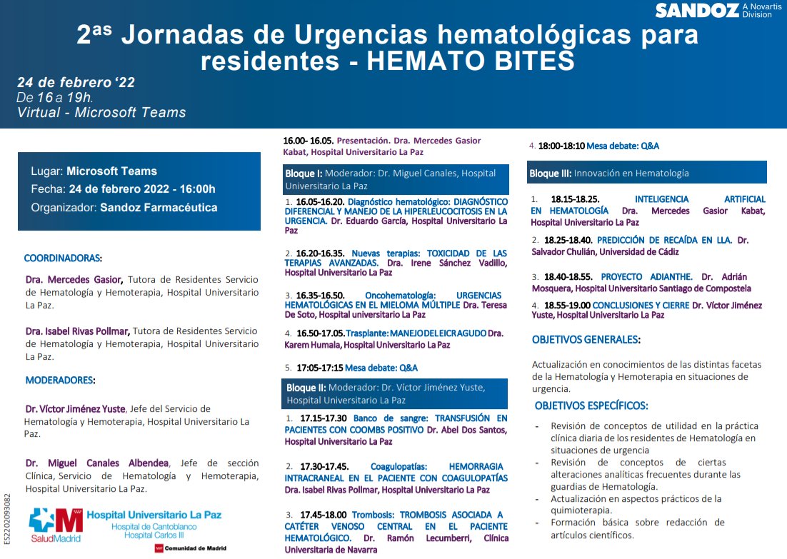 mer_501's tweet photo. Te esperamos en #HematoBites
el 24 de febrero 16-19 horas
este año en formato virtual.
2º Jornadas de Urgencias Hematológicas para residentes (y para adjuntos!)
@HematoLaPaz
Link para acceder:
https://t.co/g1rx7rvpG3 https://t.co/xEjd2g7aM8