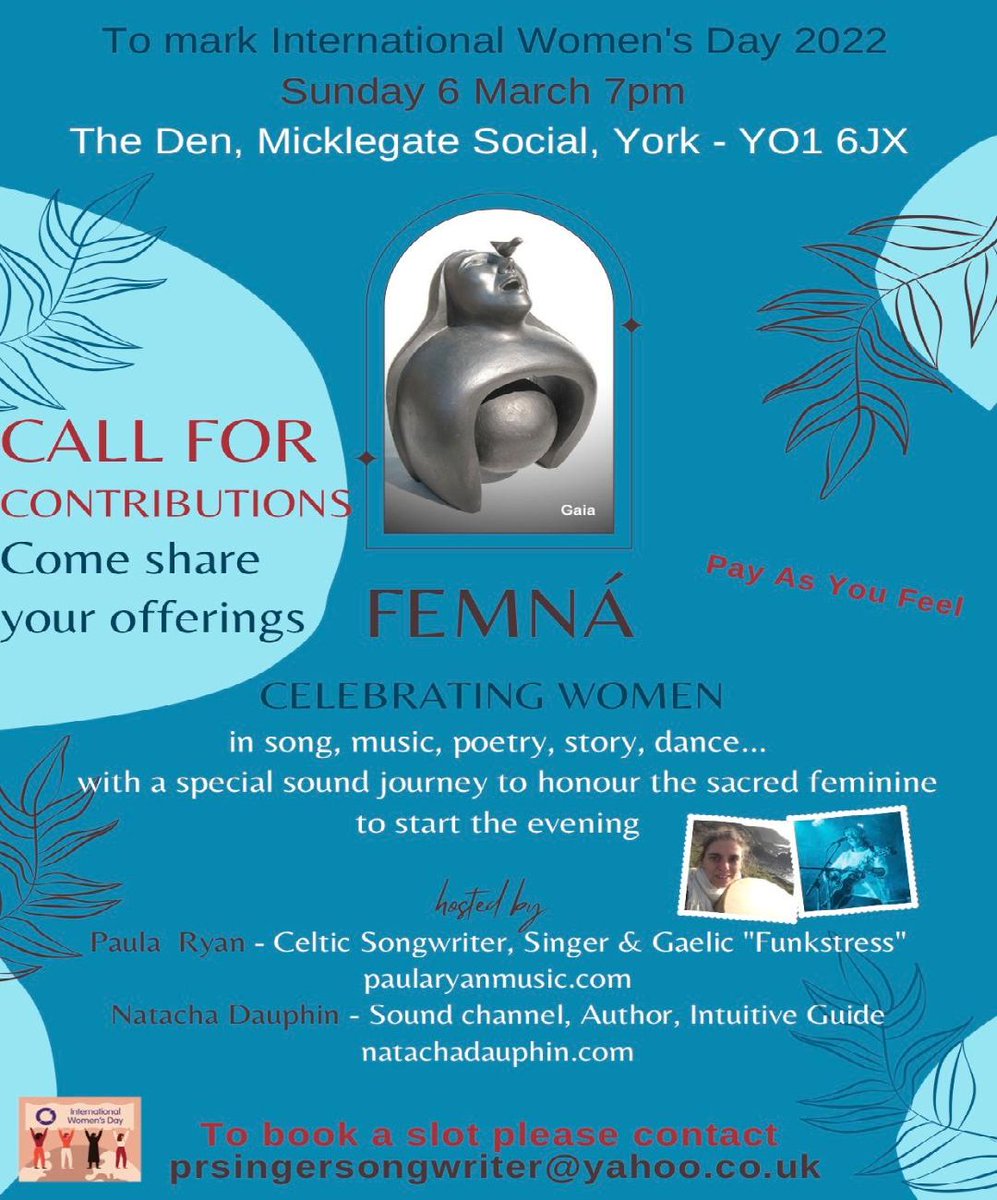 Call for Creative &amp; Musical Contributions celebrating women to mark #WD 2002.  Author <a href="/natacha_dauphin/">NatachaDauphin</a> &amp; I are looking for #musicians #singers #poets #storytellers #dancers to join us in fab <a href="/fossgatesocial/">The Fossgate Social</a>   Email prsingesongwriter@yahoo.co.uk to book your slot #celebrate #women