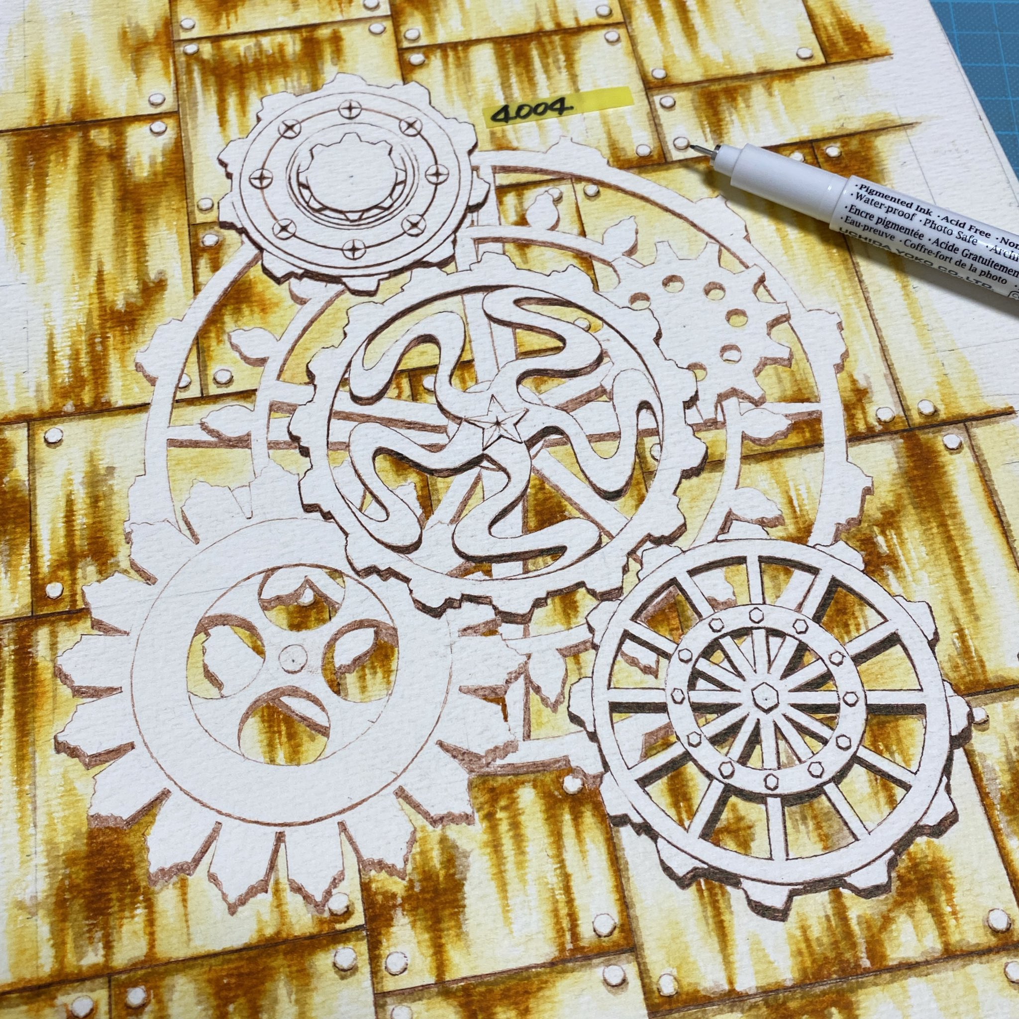 歯車配管作家 さう 歯車をもいっかい描く 薄い茶か焦茶か迷っていて 結局焦茶だったので２度手間やん Gear 歯車 歯車沼 Steampunk スチームパンク Steam Steampunkart Illustgram イラストグラム イラスト イラスト好きな人と繋がりたい