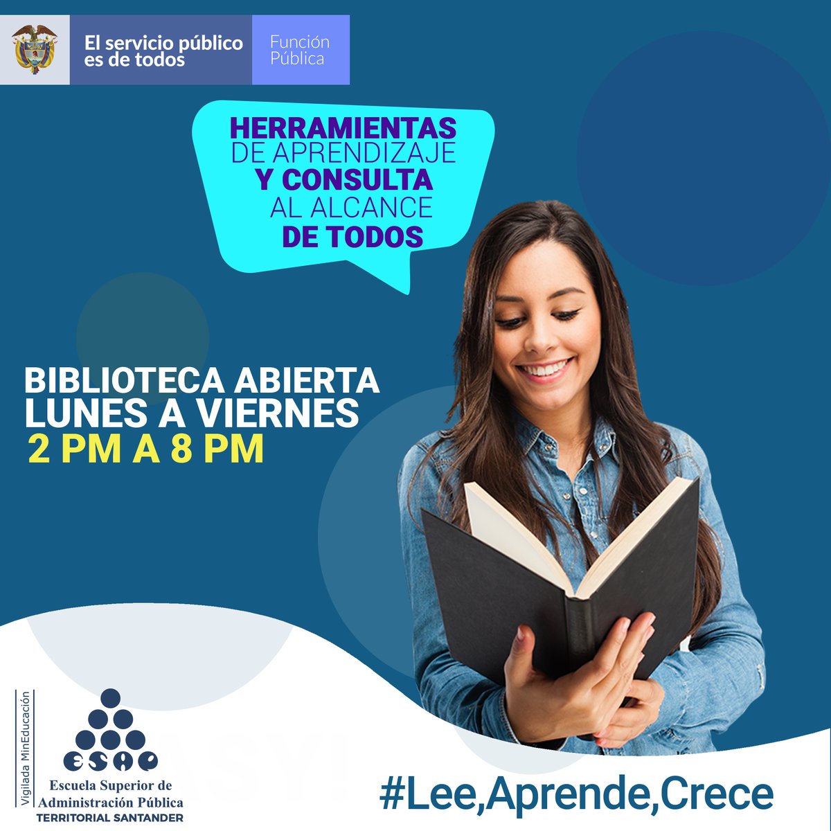 #BibliotecaAbierta   
Queridos estudiantes, nuestra Biblioteca los espera. El horario de atención de la Biblioteca es de 2:00 p.m. a 8:00 p.m. Allí contarás con todos los recursos bibliográficos y de base de datos, disponibles en la institución. #EsParaTodos