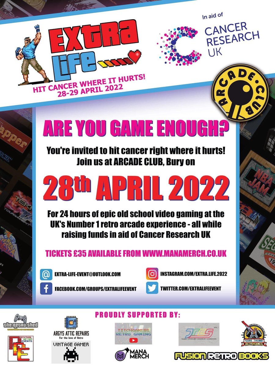 ExtraLifeEvent's tweet photo. Don’t forget - you don’t have to stay for the full 24 hours. Why not spend Thursday evening with us and enjoy some classic games and raise money for charity! #extralife #extralifeevent #RETROGAMING Tickets available from @ManaMerch https://t.co/wo75I04ZsN