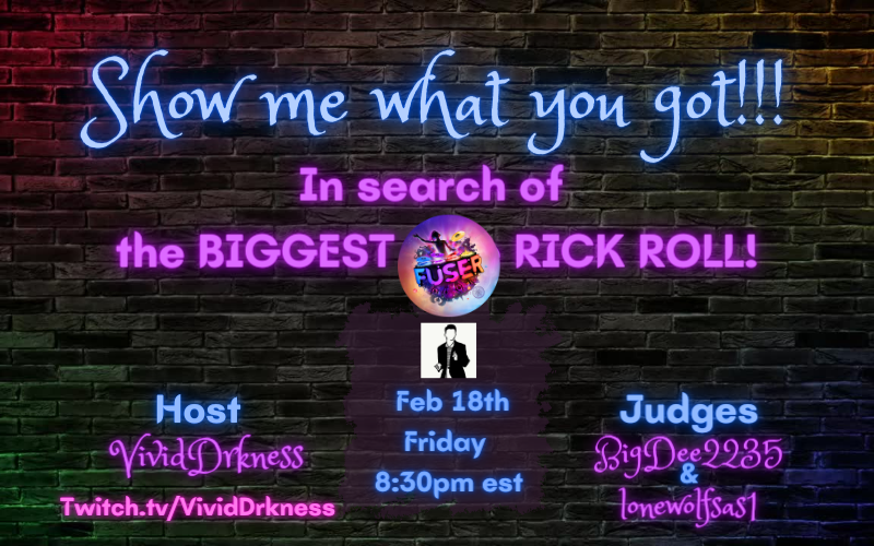 VividDrkness's tweet photo. Today at 8:30pm est. You have until 8pm est to get your submission in! All entries accepted in TVOD Discord. @BigDee2235 @lonewolffromcod #TVOD #twitch #RickAstley #rickroll #fuser #fuserdj #fusergame #mixthehits #playfuser #rhythmgame #remix https://t.co/hXp2iwQO2t https://t.co/15L8tqsbV3