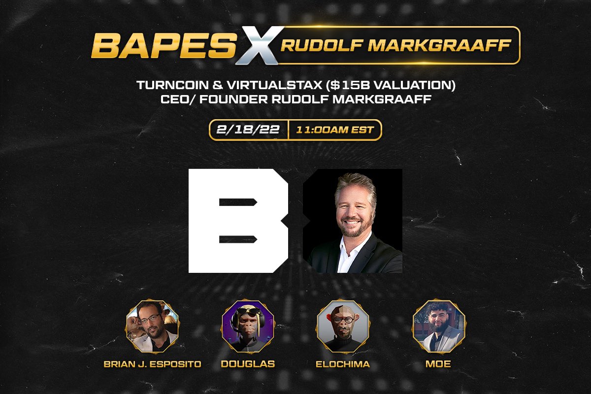Join us with CEO &amp; Founder <a href="/DolfMarkgraaff/">Rudolf Dewet Markgraaff</a> of <a href="/TurnCoinLtd/">TurnCoin</a> &amp;  <a href="/VirtualStaX/">VirtualStaX (StaX.app)</a> on Discord Podium at 11am EST.

discord.gg/bapesclan

Don’t miss it!
