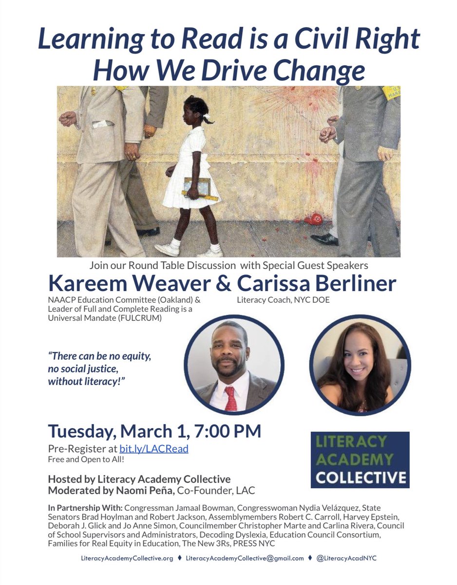 Join us March 1st at 7pm to have a much needed discussion around #literacy Conversation will be moderated by <a href="/NaomiPenaNYC/">Naomi Peña 🇵🇷🇩🇴</a> w/panelists <a href="/KJWinEducation/">Kareem J. Weaver</a> &amp; <a href="/MsBerlinerRCD28/">Carissa Berliner</a> 
Pre-register here: bit.ly/LACRead