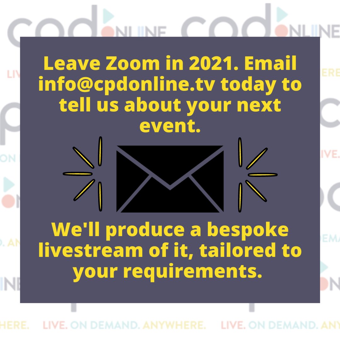 Have you moved on from Zoom yet?

For your 2022 #events, you should be broadcasting them via high quality #livestreams, not basic webinars.

#CPDOnline can help with that. Email info@cpdonline.tv today to tell us about your next event, to see what we can do for you.

#EventProfs
