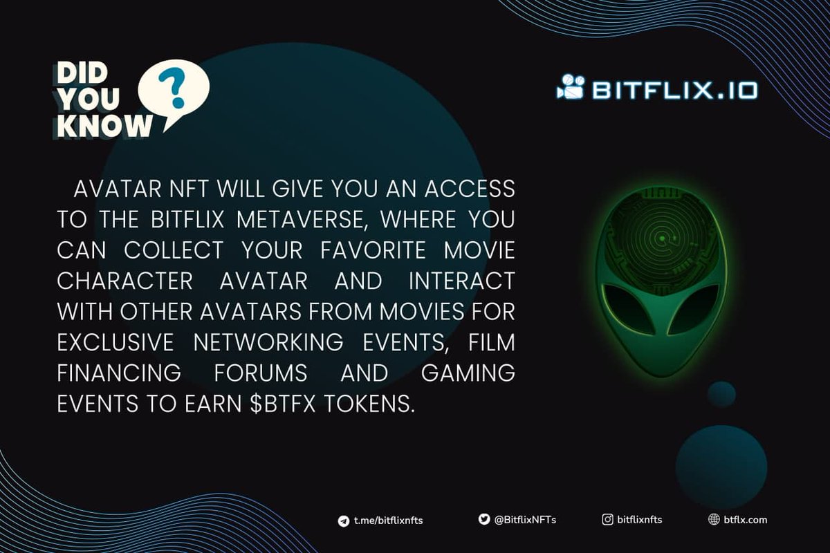 NFT Feature: Avatar NFT 👽

Gather more info about the Avatar NFT here: 
medium.com/bitflixnfts/th…

#Metaverse #NFT #NFTCommunity