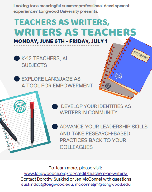 Please share! Join us for the first Southside Virginia Writing Project summer institute. K-12 teachers of all content areas are welcome! <a href="/longwoodu/">Longwood University</a>  longwoodce.org/for-credit/tea…