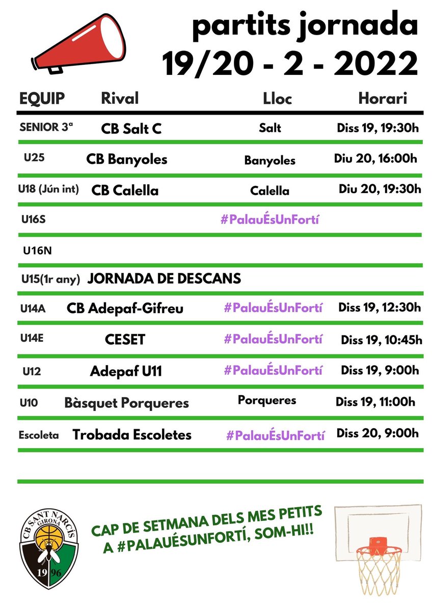 Calendari de partits #CBSN d’aquest cap de setmana‼️ 

➡️ Destaquem la trobada d’escoletes que tindra lloc diumenge a #PalauÉsUnFortí 

➡️ Senior 3a per seguir a la bona línia i guanyar a domicili

➡️ U18 Interterritorial per seguir amb el bon inici de la 2na volta