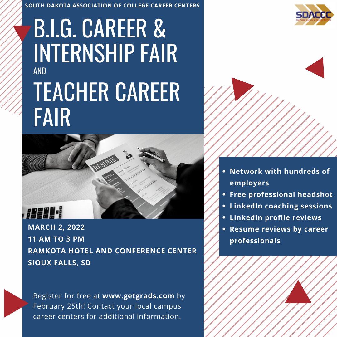 We are less than two weeks away from the South Dakota B.I.G. Career &amp; Internship Fair and Teacher Career Fair! Pre-register by February 25th to receive a FREE professional headshot at the event! Over 200 employers are registered for the events!

#getBIGjobs #sdteacherfair
