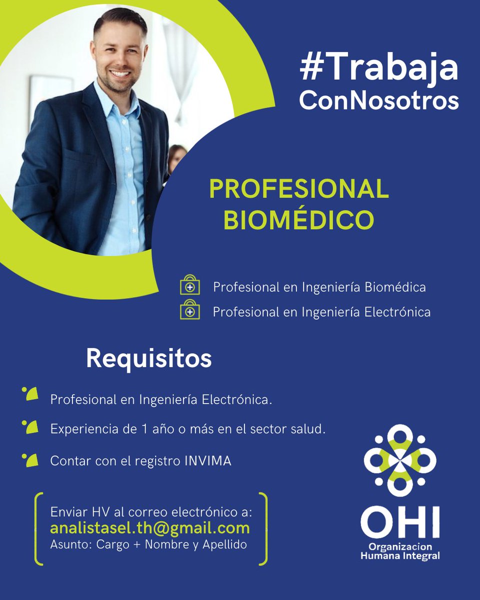 CIEValledupar's tweet photo. #TrabajoSiHay ⚠️ Gran convocatoria ⚠️
Organización Humana Integral requiere:

✅ Profesional Biomédico

Envié su hoja de vida al correo electrónico analistasel.th@gmail.com
📍Indicar en el asunto: vacante a la que aplica - nombre y apellido.

#TrabajoEnValledupar https://t.co/ql8yiGC8tn