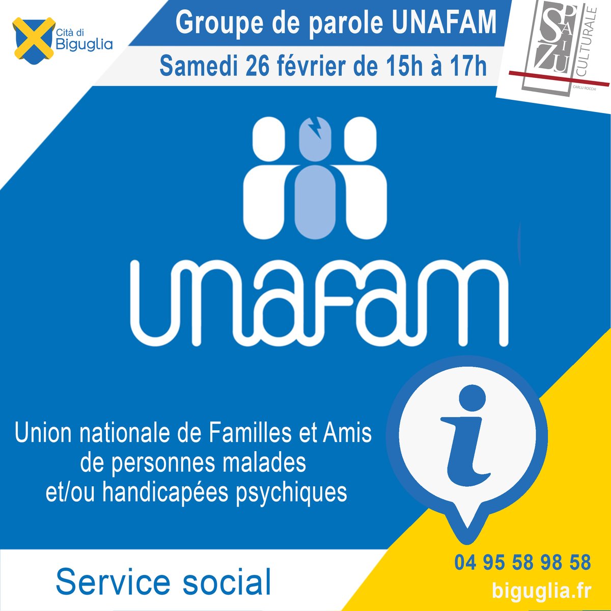 MairieBiguglia's tweet photo. 📢 Ghjurnata d'infurmazione UNAFAM
❗️Appuntu à u 06.79.30.26.59
📅 Sabbatu u 26 di ferraghju da 3 ore à 5 ore dopu meziornu
☎️ Chjamate ci per un appuntu !
📍 Spaziu Culturale Carlu Rocchi
------
#citàdibiguglia #corsica #corse #unafam #social https://t.co/6uJIF70MkR