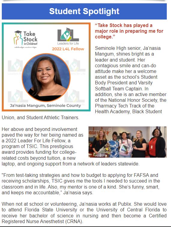 tsicseminole's tweet photo. It’s #TakeStockTuesday! Meet Take Stock Senior Ja’nasia Mangum and learn about her many accomplishments at Seminole High School! #TakeStockProud https://t.co/Ydu0O52ihJ