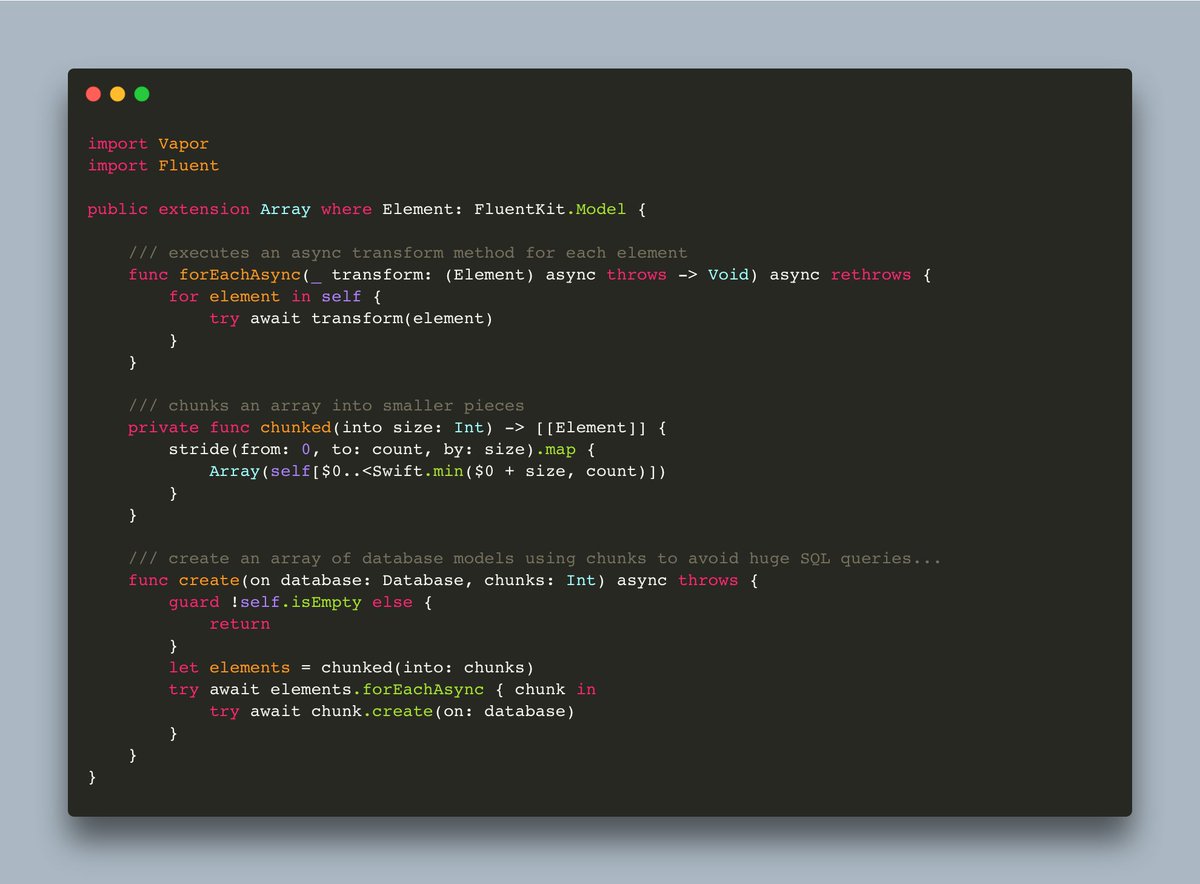 tiborbodecs's tweet image. I just made a new create extension on arrays that&apos;ll create models using chunks, this can be handy sometimes... ☺️

#SwiftLang #codevapor #Xcode #FeatherCMS