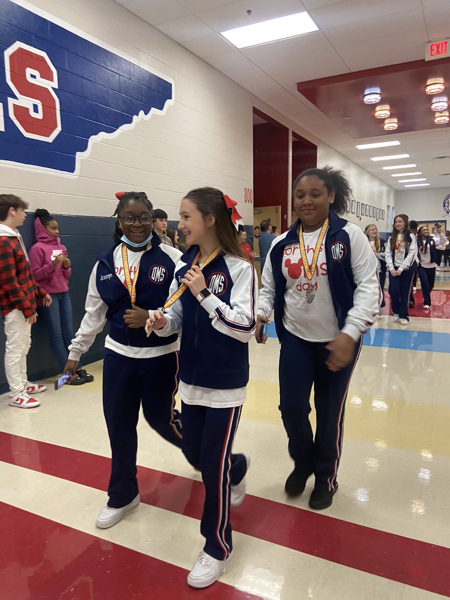 OaklandMS_Cheer's tweet photo. This morning our school honored us and @OMS_Swimming with a hallway rally to celebrate our accomplishments this season. We had so much fun and appreciate @ruistori1 and @OMS_Chargers for supporting us all season! We are so happy we could bring a Silver medal back to OMS!!! ❤️🤍💙 https://t.co/ow80DVK48k
