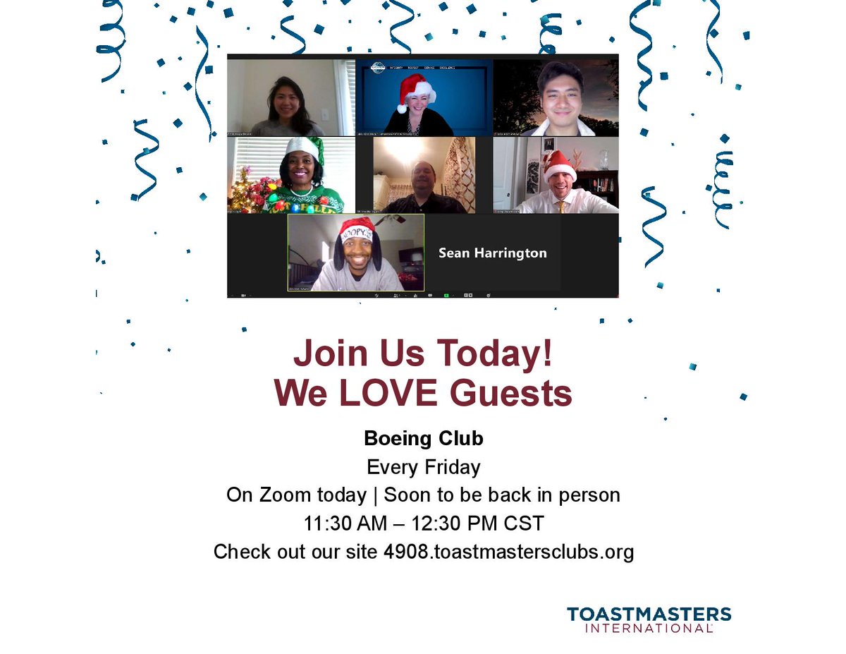 🤝Join Us! Boeing Club meets TODAY at 11:30 AM on Zoom.💻Zoom link us02web.zoom.us/j/75255958021 
👉We meet every Friday 11:30 AM to 12:30 PM. 
🙌We will begin meeting in person soon! 
🗣Check us out and see what Boeing Club is about!
4908.toastmastersclubs.org 
#toastmasters #clearlake