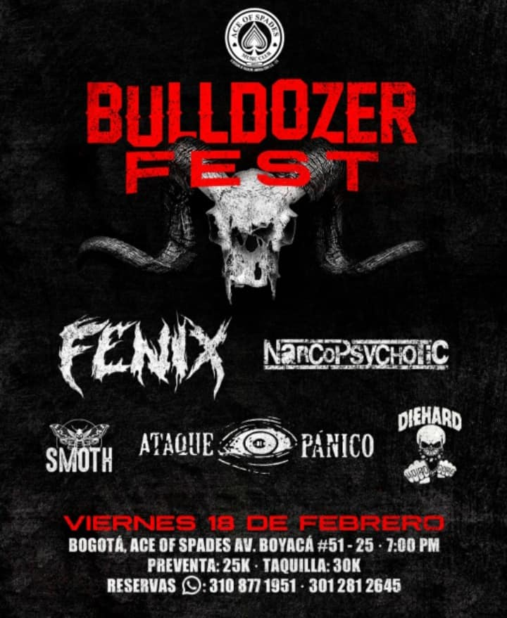 ColoniaRec's tweet photo. ::HOY::

Descarga metalera en la casa de rock y metal de Colombia, el Bulldozer Fest en su cartel presenta a: Fenix, @ATAQUEDEPNICO3 @SmothBand NARCOPSYCHOTIC y Diehard.
Viernes 18 de febrero - Ace of Spades Club https://t.co/EZEIaHfAtn