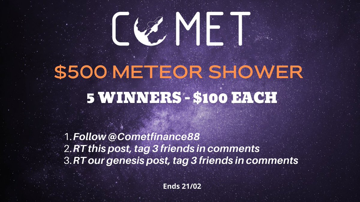 CometFinance88's tweet photo. 🎉$500 GIVEAWAY

📌4 Simple Steps to Qualify

1) Follow @CometFinance88 
2) RT this post, tag 3 friends in comments
3) RT Genesis post: https://t.co/NUWDWNPivT
4) Join the community at https://t.co/K03IfbC1eM 

#Giveaway #Airdrop $COMET $METEOR #tombfork https://t.co/KnQdxxXxns